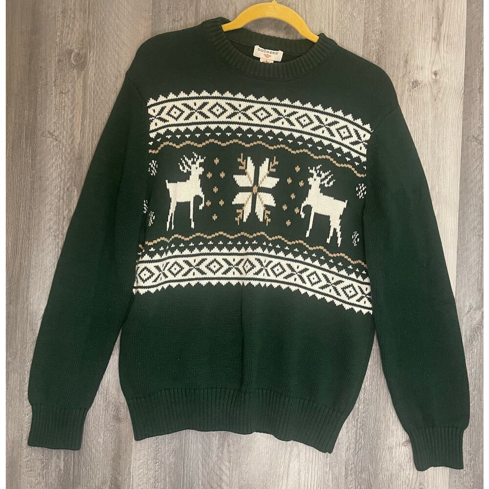 Dockers Mens M Christmas Sweater Green Reindeer Snowflake Fair Isle 100% Cotton